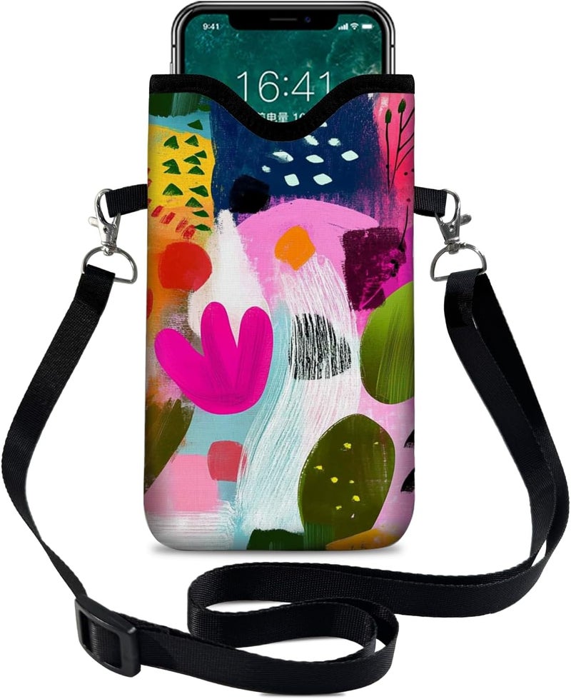 otilil Neoprene Cell Phone Sleeve Pouch Case Bag with Crossbody Strap Neck Lanyard for Women 7.1 X 3.9 in Colorful Floral - Image 1